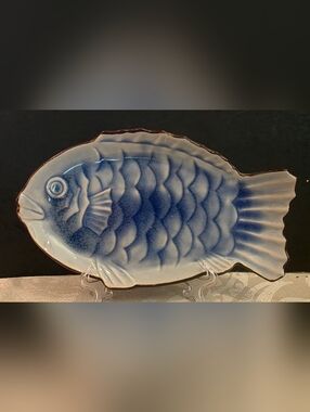 Kafuh Japan Blue Fish Shaped Plate Brown Trim Hand Crafted in Japan 8.5"×5"